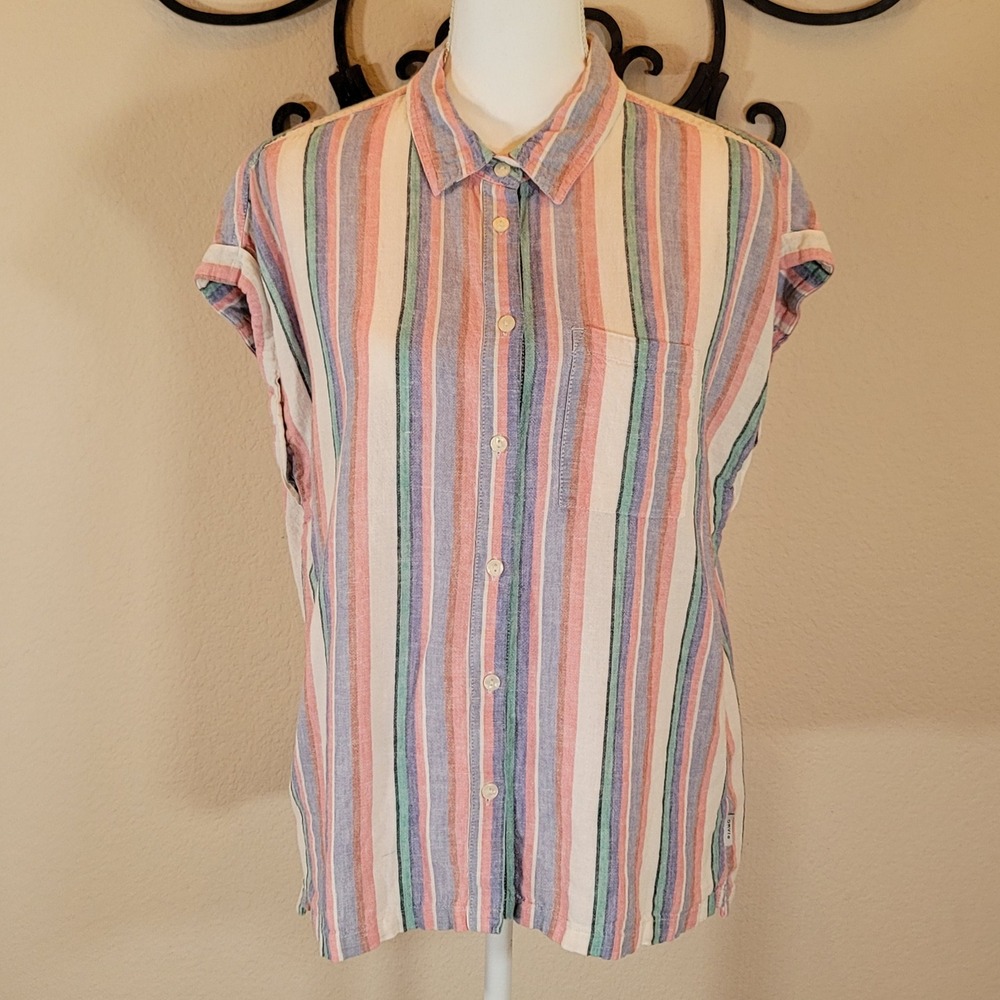 Orvis Pastel Stripe Linen Blend Button Front Shirt Women's M Coastal Preppy